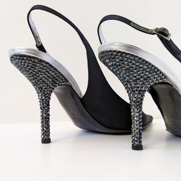 Giuseppe Zanotti Black Crystal Embellished Satin Slingback Pumps - Picture 7 of 16